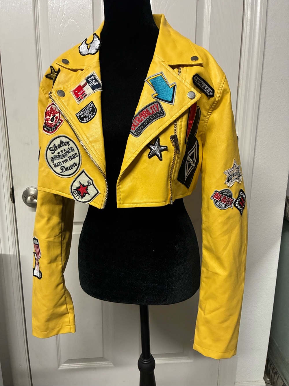 Yellow Patchwork Cropped Moto Jacket - Women